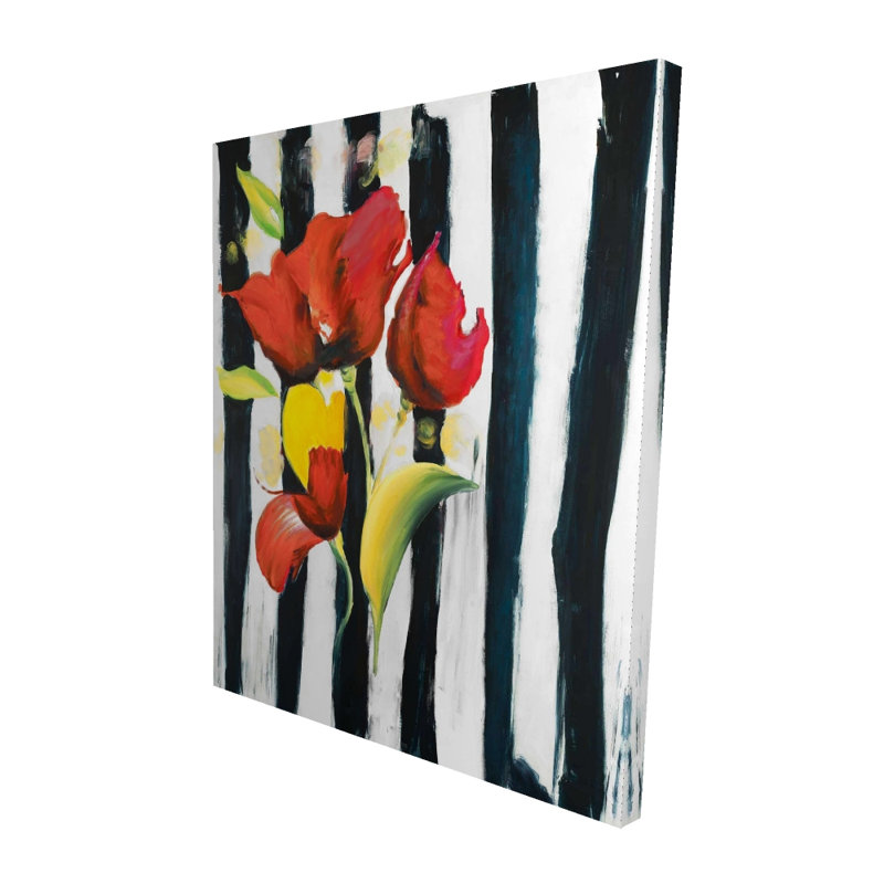 Fleurs rouges sur rayures | Décor contemporain en toile