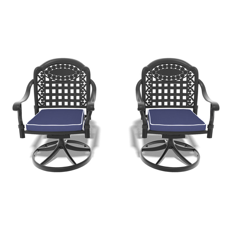 Chaise de patio pivotante en fonte d'aluminium 2 pièces avec structure noire et coussins bleus, 2