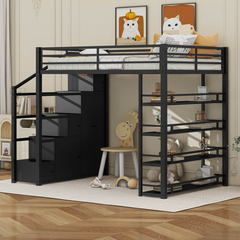 Lit mezzanine double en métal avec tablettes de rangement, armoires et garde-robe