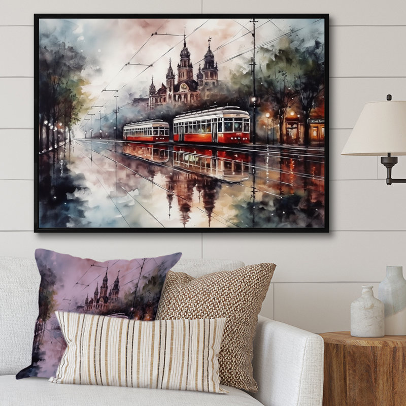 «Rosela Red and Brown City Trams In The Wet Mist», reproduction sur toile, H 34 po x l 44 po x P 1,5 po, Cadre flottant noir