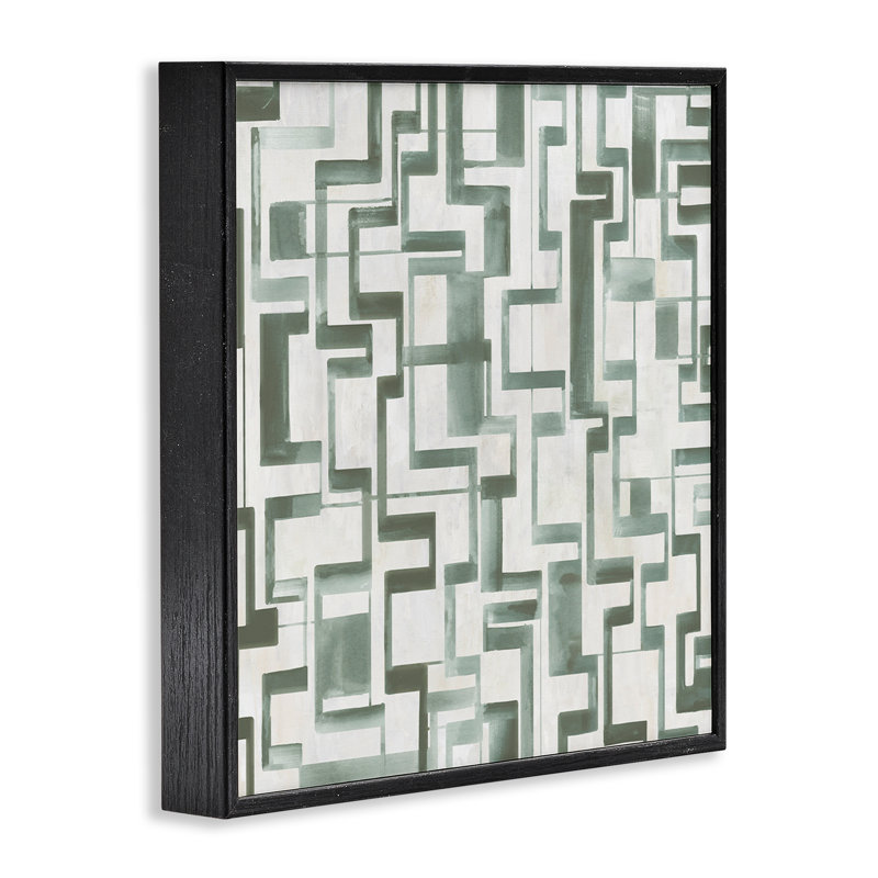 Giclée encadrée de labyrinthe géométrique vert, design par Hannah Dawson, Giclée encadrée noir minuit, H 12 po x l 12 po