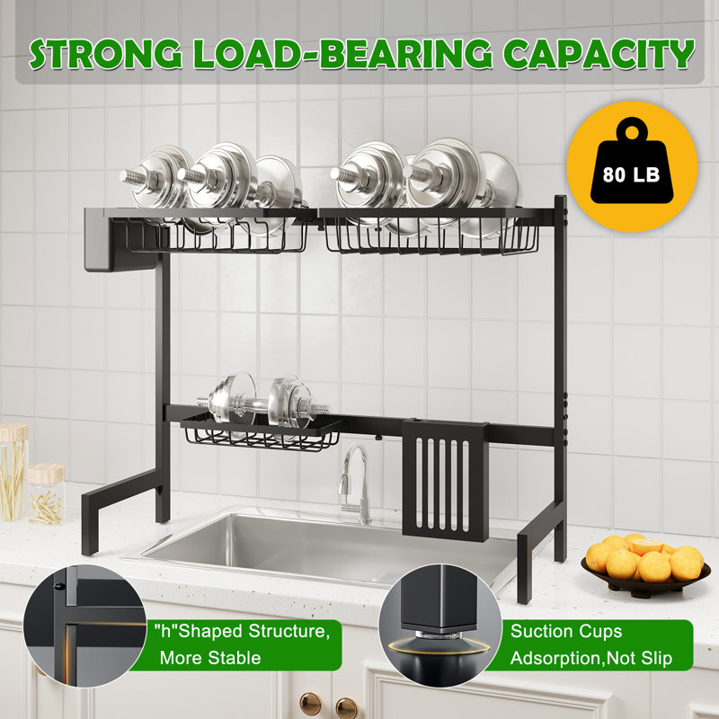 Expandable 2-Tier Over the Sink Dish Drying Rack, Adjustable Kitchen Sink Organizer with Snap-on Design Single