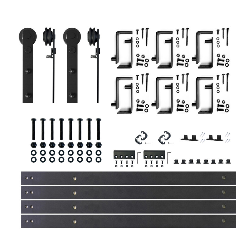 Ensemble de quincaillerie noir rustique pour porte de grange à deux portes à conception droite en forme de U et dérivation à deux rails