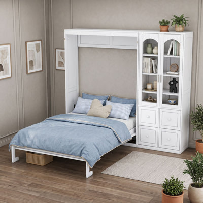Queen Wooden Murphy Bed with Storage Drawers, Shelves and Slats