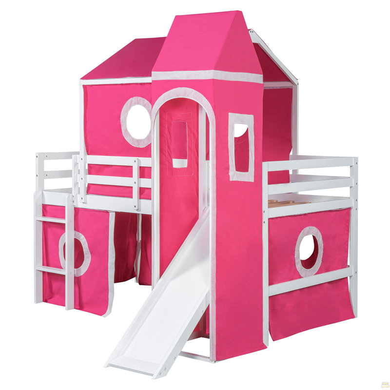 Lit mezzanine simple avec tente et tour rose Slide, Rose
