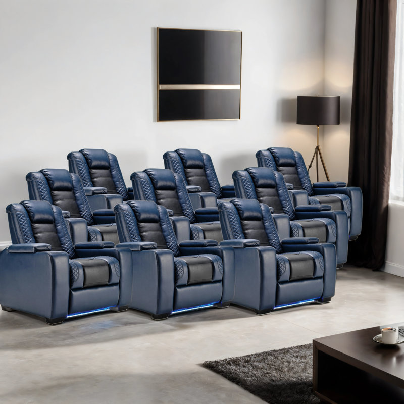 39'' Adjustable Headrest Power Recliner Man Cave Home Theater Chair With Cup Holders USB LED (Set of 9), Blue