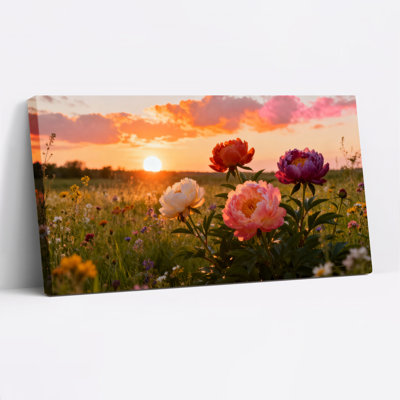 Pivoine fleurs coucher de soleil paysage toile tendue, reproduction d'art sur toile, ensemble de 1