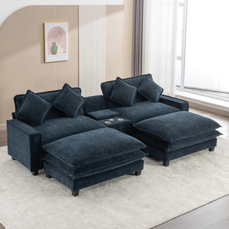 Canapé modulaire 111 po bleu avec coussin double, rangement et deux repose-pieds amovibles American Design, Chenille bleu