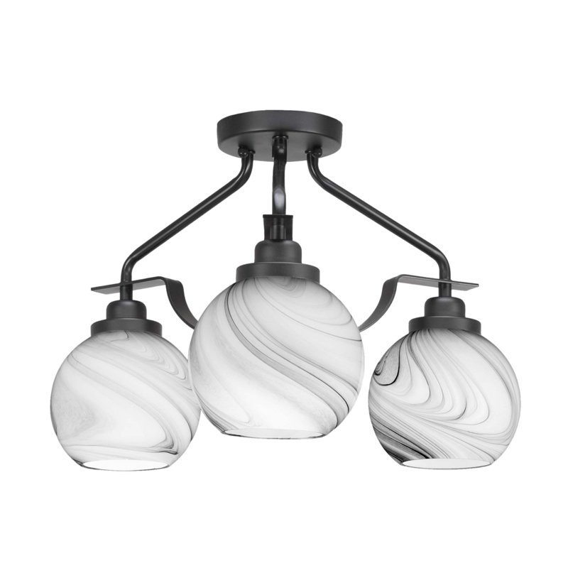 Luminaire semi-encastré 3 lumières Neviah au fini noir mat avec verre tourbillon onyx de 5,75 po