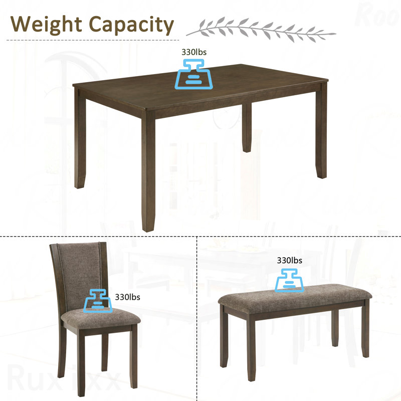 Ensemble de salle à manger rustique 6 pièces 6 pièces: table en bois et 4 chaises + banc, 6 places