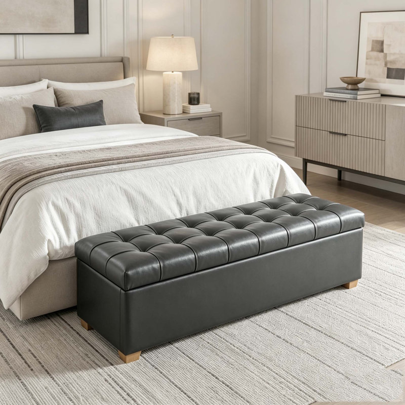 Banc de rangement rembourré en polyuréthane de 60,2 po de large avec repose-pieds capitonné avec repose-pieds, Gray