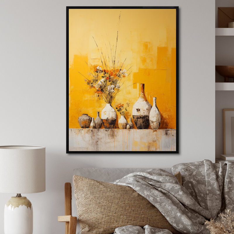 Minimalisme jaune blanc Poteries I sur toile, Cadre flottant noir, H 40 po x l 30 po