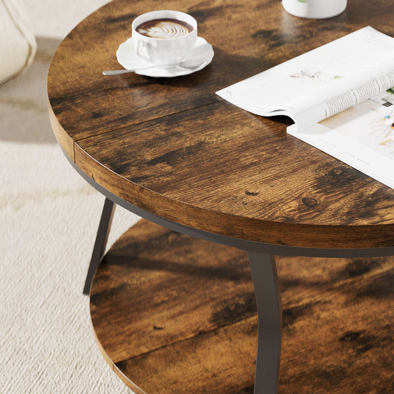 Round Coffee Table, 2 Tier Industrial Coffee Table for Living Room, Wood Thickened Tabletop and Metal Frame, 31.5inch