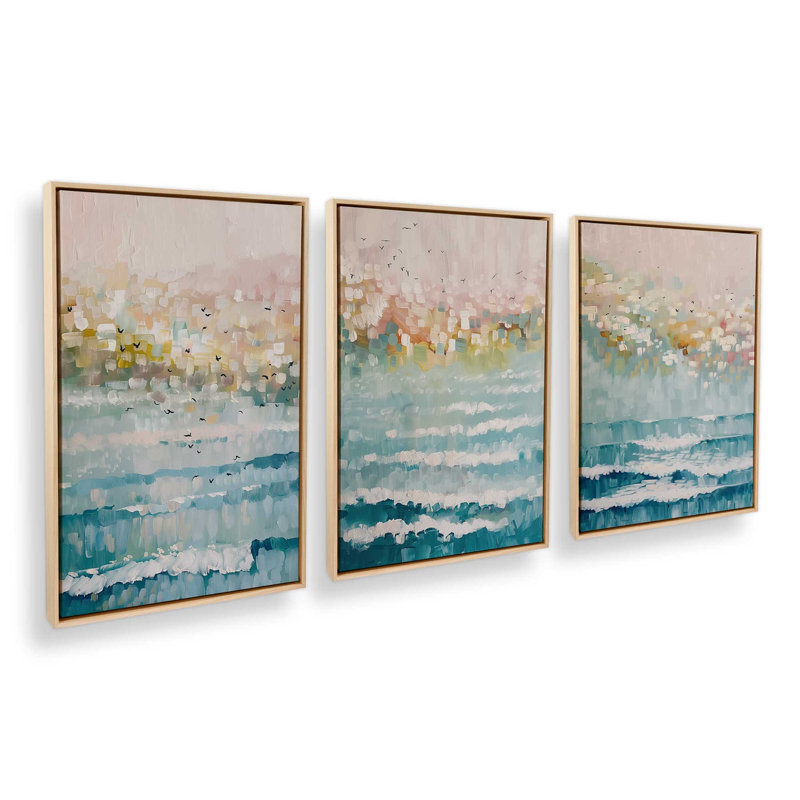 Ensemble de 3 impressions Seaside Sunrise Drift, 36 po x 24 po, Cadre américain en érable flottant