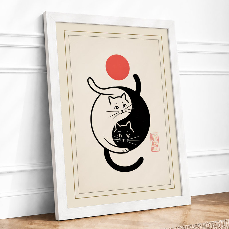 Yin Yang Cats Japandi - Framed Print, A4 - 29.7 x 21.0 cm, White