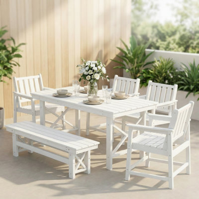 Ensemble de salle à manger de patio en plastique PEHD blanc avec banc, fauteuils et table rectangulaire blanc 6 pièces