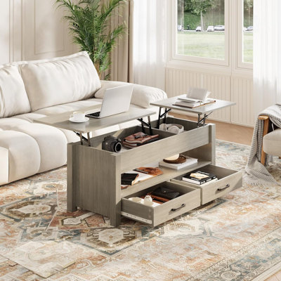 Table basse avec plateau relevable, table basse convertible avec plateau relevable en bois, 2 tiroirs et compartiment caché, table centrale avec rangement pour le bureau à domicile
