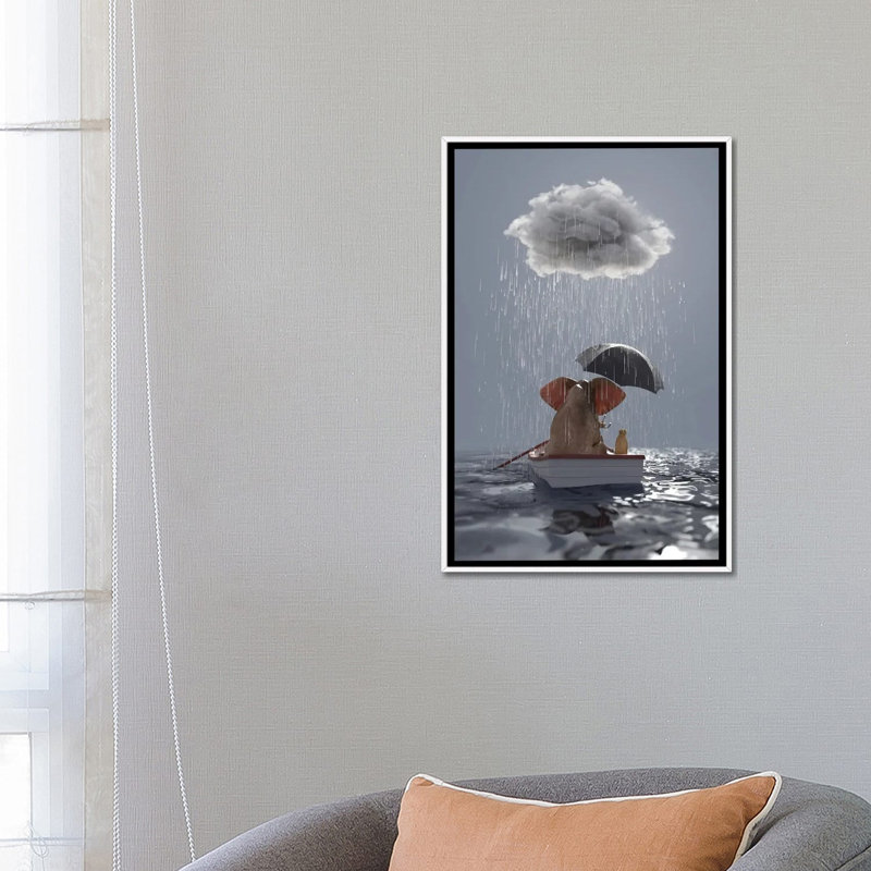 Un éléphant et un chien flottant dans un bateau dans la pluie par Mike Kiev-impression d’art graphique, Pas de tapis