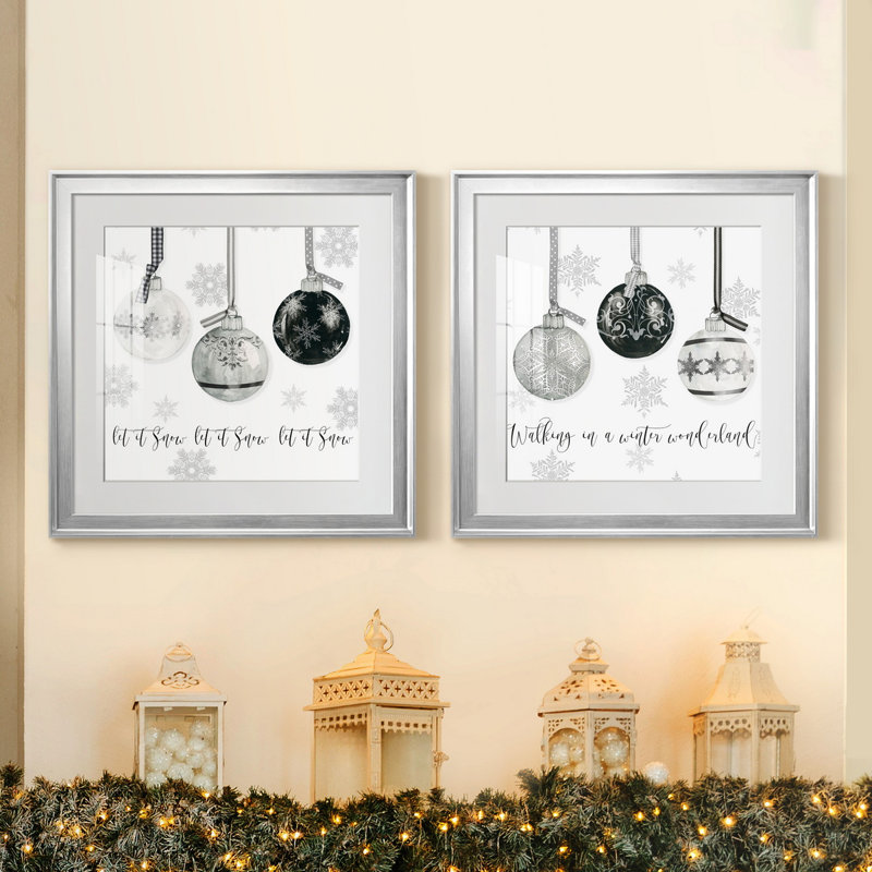 «Let It Snow Ornaments», ensemble de 2 reproductions d'art, H 22,5 po x l 45 po x P 1,5 po, Papier avec cadre argenté, Blanc