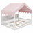 Wooden Floor House-Shaped Daybed With Fense,3 Storage Bookshelves,Curtain And LED Light-1956932676