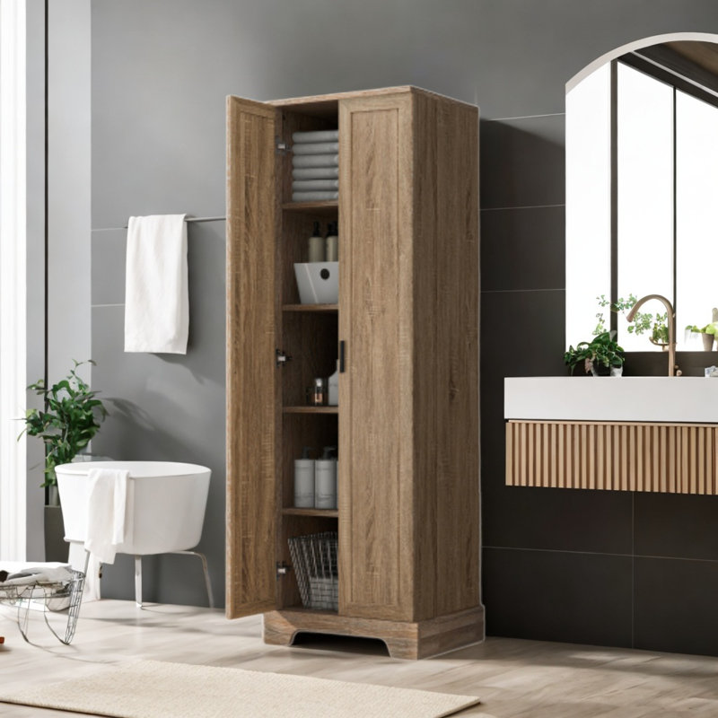 Armoire de rangement avec deux portes, tablette réglable, panneau de fibres à densité moyenne, brun, pour salle de bain ou bureau | Idée de cadeau