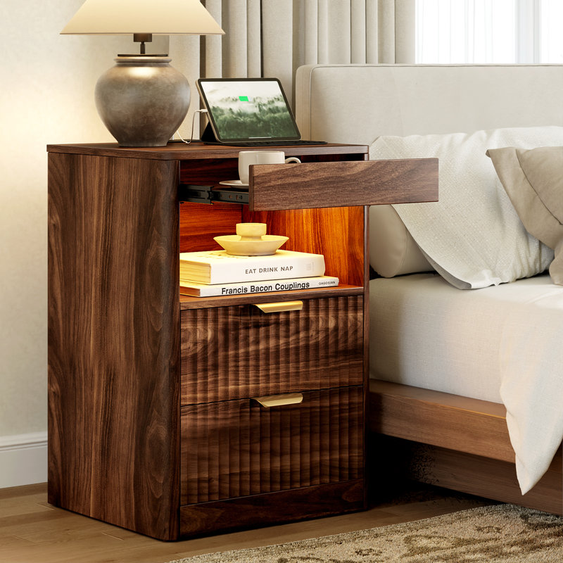Modern Nightstand with 2-Drawers & Open Shelf, LED Nightstand with Built-in Charging Station,Suitable for Bedroom, Brown