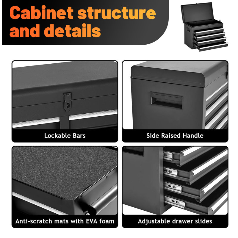 Five-drawer rolling tool storage cabinet with removable top toolbox, adjustable shelf