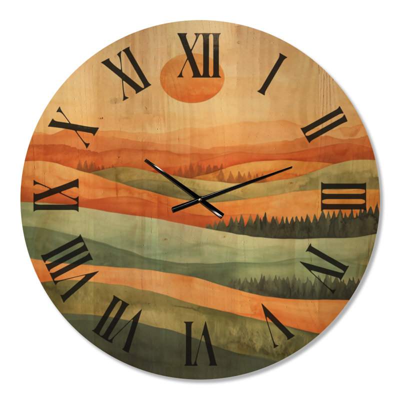 Coucher de soleil sur les collines II - Horloge murale ronde de style milieu du XXe siècle, imprimée sur bois, Très grand