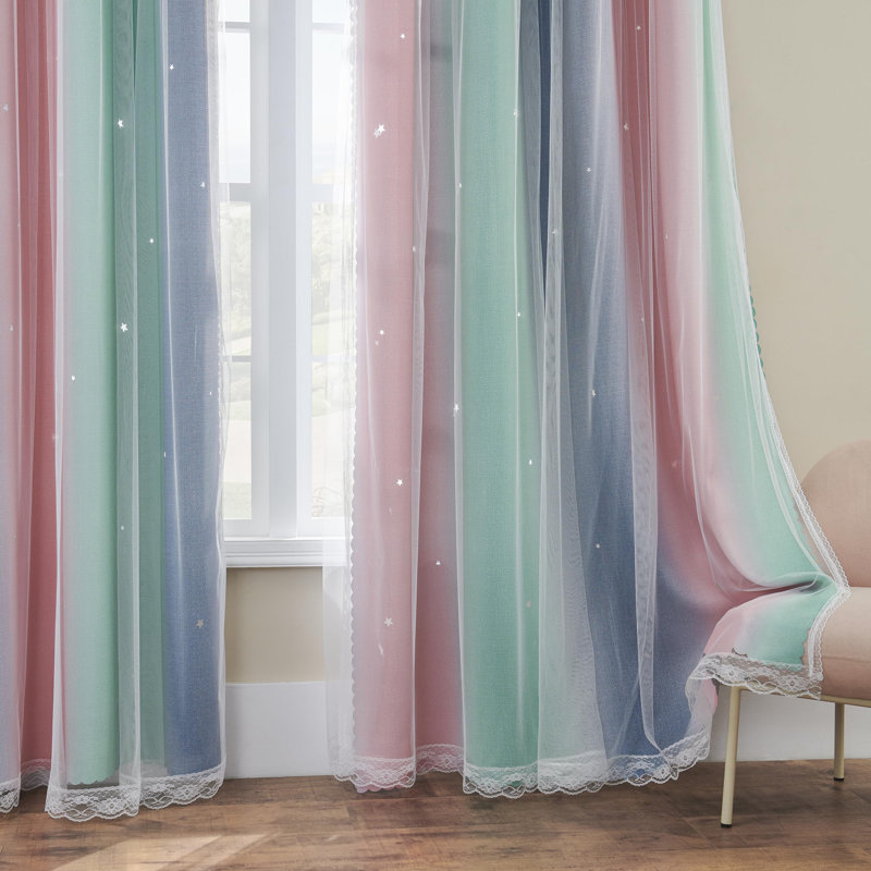 Rideaux arc-en-ciel pour chambre d'enfant - occultant, 1 panneau avec décalcomanies murales licorne, Rose/vert/bleu