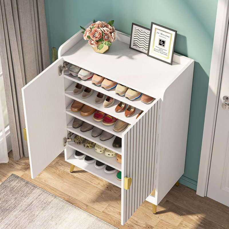 29.6” White & Gold Wooden Shoe Cabinet With Doors, 7-Tier Shoe Storage Organizer