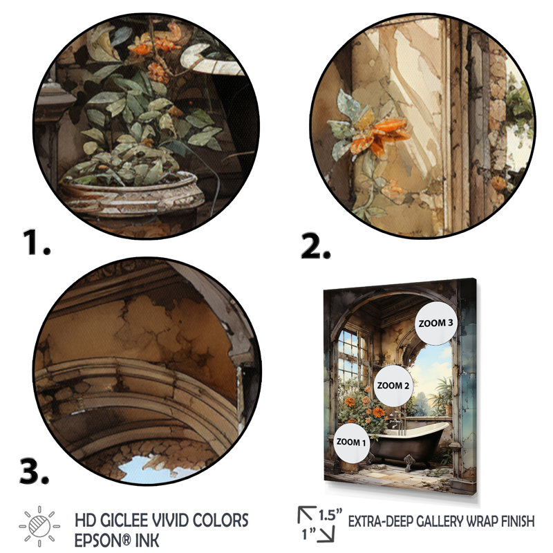 «Ceili Bathroom Vintage Tiles IV - Art mural de salle de bain», H 32 po x l 24 po x P 1 po, Cadre flottant brun