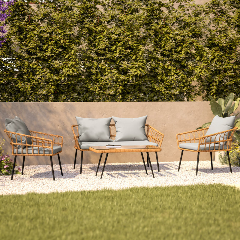 All-Weather 4 Piece Rope Rattan Patio Seating Set With Cushions, Gray