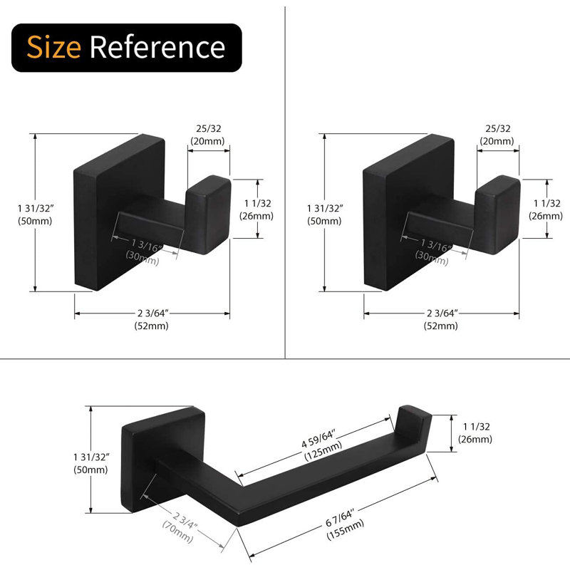 Modern Matte Black Bathroom Accessories Set - 3-Piece Stainless Steel Wall-Mounted Kit With Toilet Paper Holder And Towel Hooks