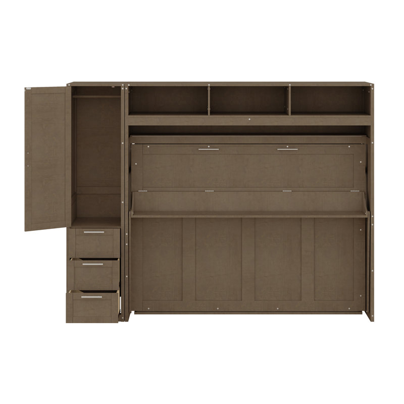 Lit escamotable avec garde-robe, tiroirs et tablettes ouvertes Murphy