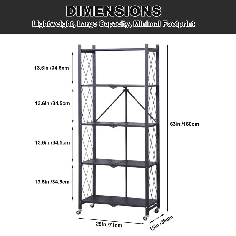 Étagères de rangement pliantes à 5 niveaux pour la cuisine, organisateur en métal et support de rangement avec roulettes, étagère de garage en métal, étagère de rangement pour le garage, la cuisine, le sous-sol
