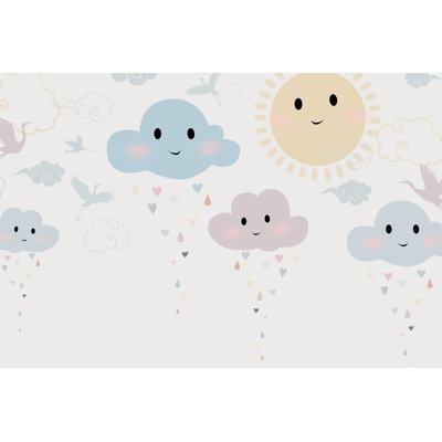 Whimsical Clouds Wallpaper Sun Birds Removable Wall Decor