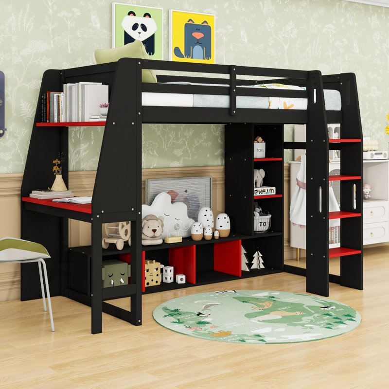 Wooden Loft Bed With Integrated Desk, LED Lighting And Storage Compartment, Twin, Black