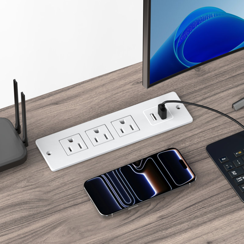 Multiprise encastrée avec 3 prises CA et 2 ports USB, station de charge encastrée pour bureau, prise de courant pour meuble encastré