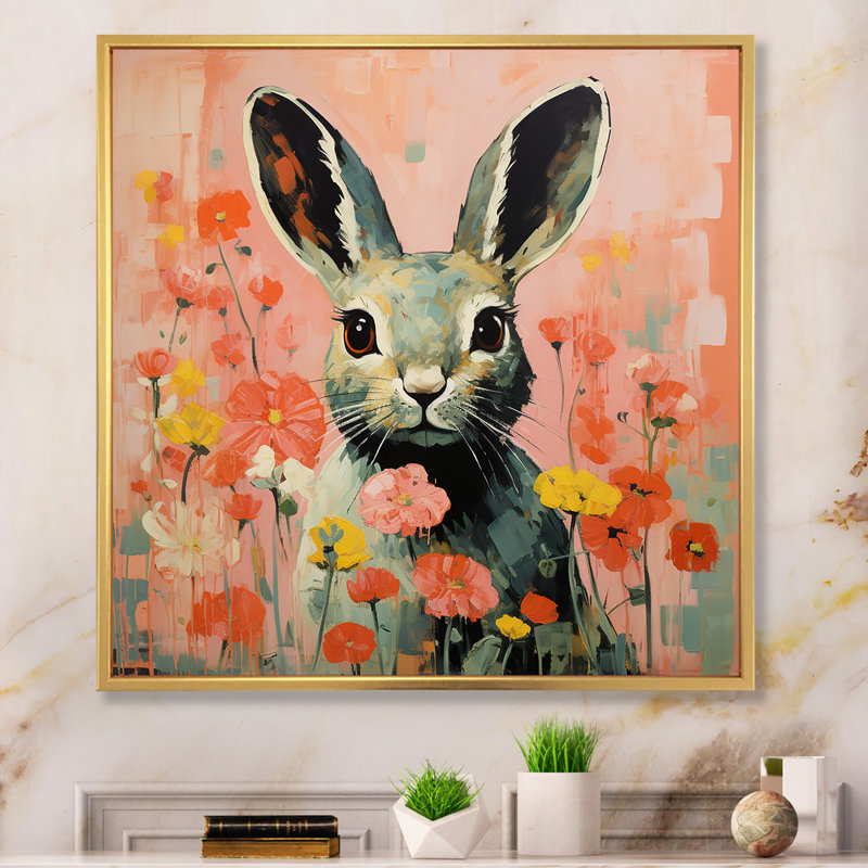 Curious floral rabbit meadow II - Lapin, art mural sur toile, Cadre flottant doré, H 16 po x l 16 po x P 1 po