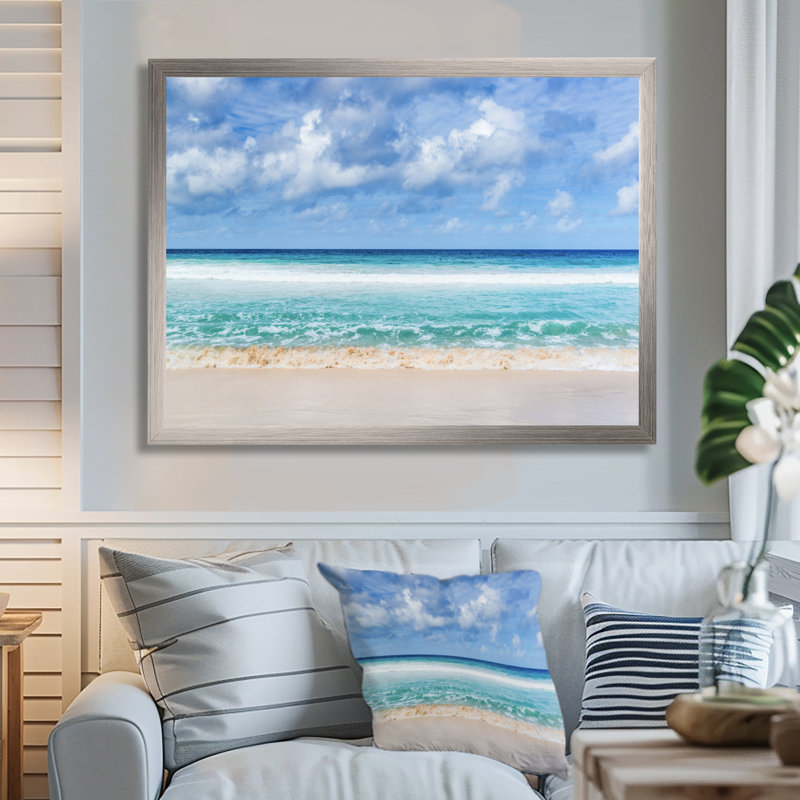 « Tranquil Beach Under White Clouds » - Impression, Impression encadrée, Argent, H 24 po x l 32 po
