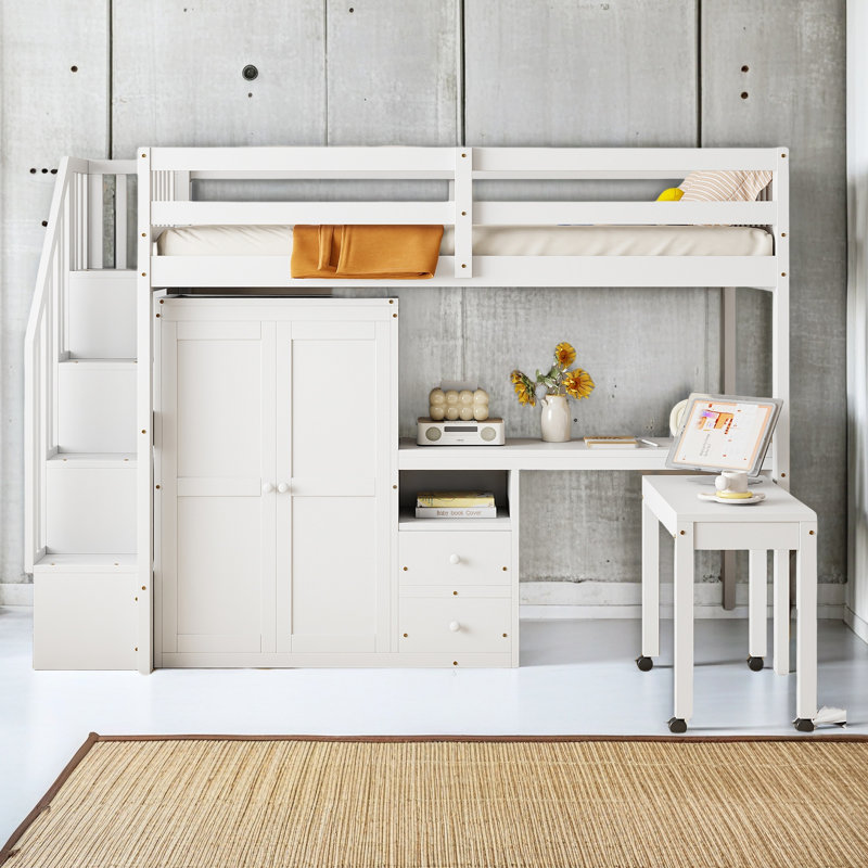 Lit mezzanine avec escalier, bibliothèque, tiroirs, bureau et garde-robe, Simple, Blanc