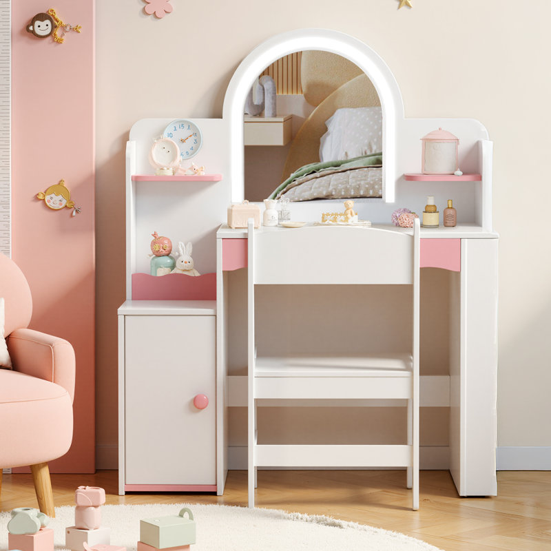 Kids Vanity with Lights, Princess Girls Vanity with Open Storage Shelves, Toddler Vanity Table and Chair Set, Perfect for Bedroom or Playroom
