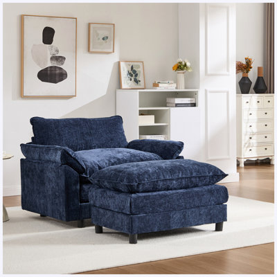44.5" Accent Chair Chenille With Ottoman Blue for Living Room, Bedroom