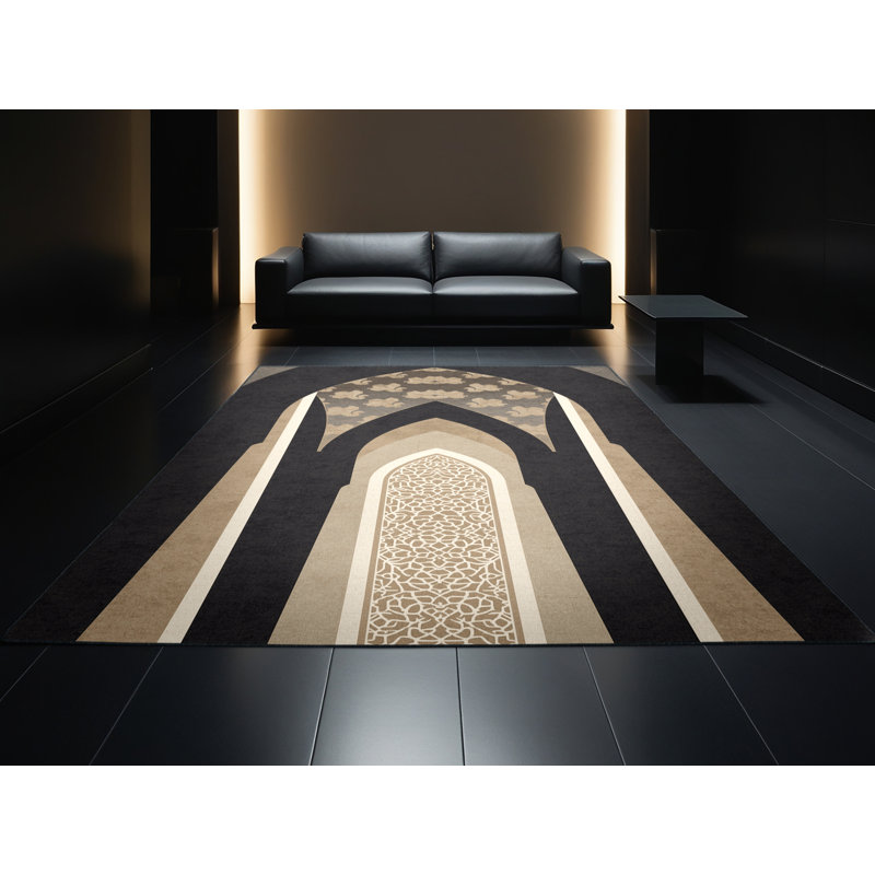Tapis oriental classique lavable à la machine en noir Pantelis - reliure noire, Carré 6 pi