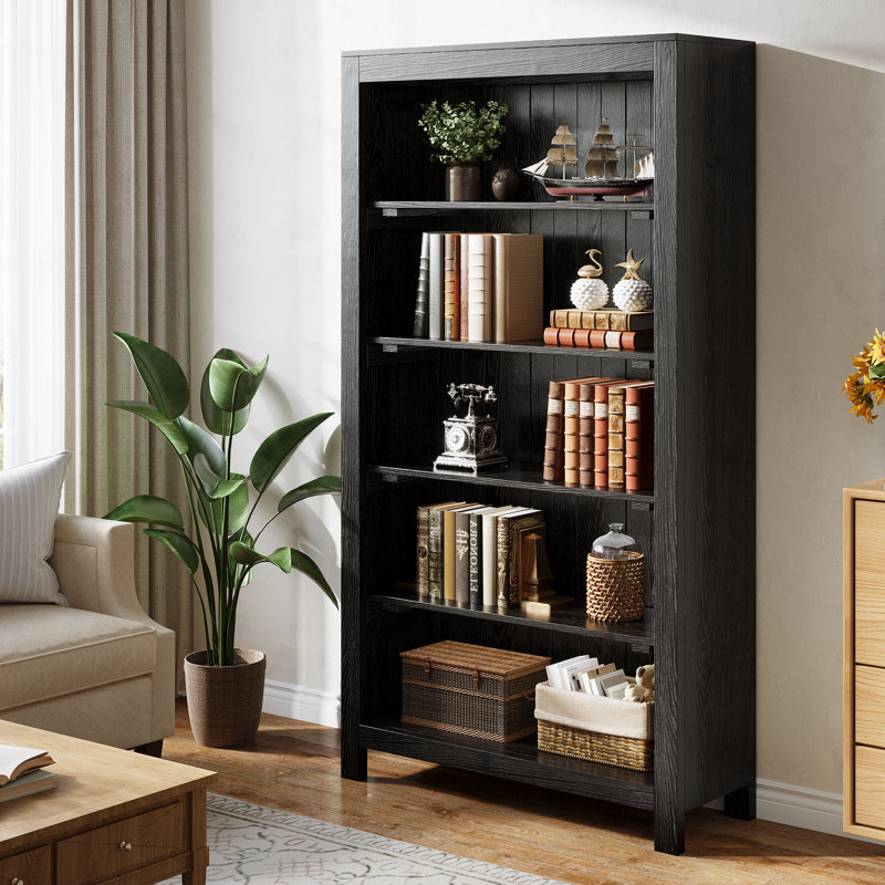 Rustic Solid Wood 5-Shelf Bookcase - Farmhouse Style Open Storage Shelving Unit For Living Room/Office, Black