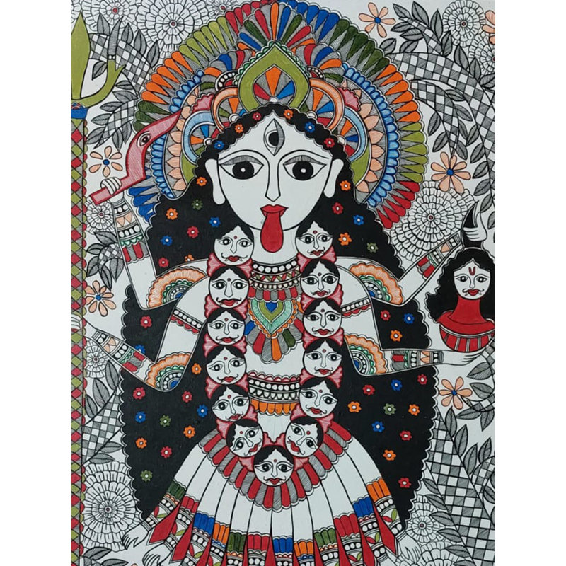 Kali Maa Madhubani, peinture acrylique sur papier faite à la main, art mural indien de 30 po x 22 po par Lalita Ray