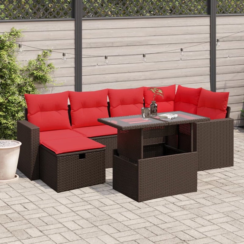  Ensemble de canapé de patio 7 pièces avec coussins en rotin de polyester, Rouge, Brun