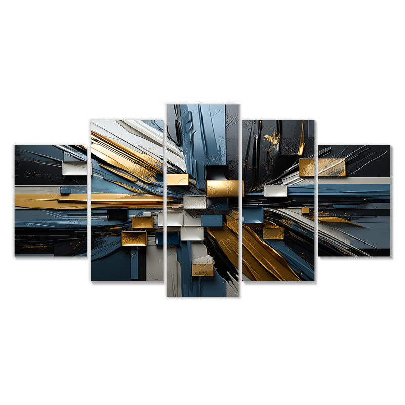«Awakening Blue Gold Explosion», art mural géométrique 5 pièces, H 32 po x l 60 po