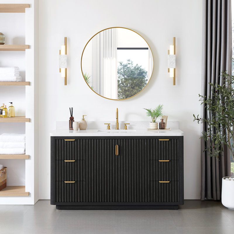 Hesiod 60" Single Bathroom Vanity With Composite Stone Top, Fir Wood Black