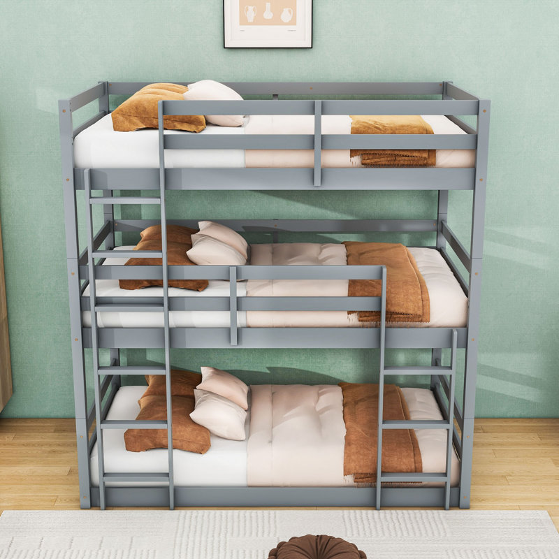 Twin Over Twin Over Twin Triple Wood Bunk Bed With Detachable Feature And Ladder, Gray